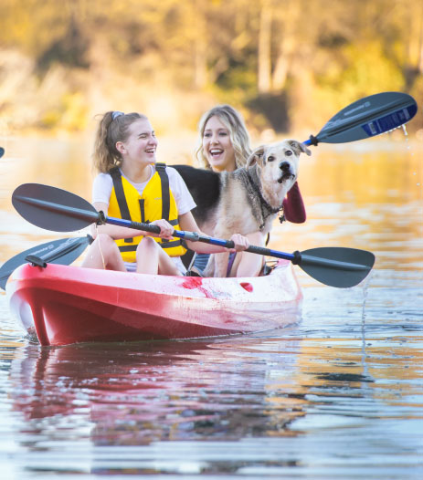 Two women kayaking with a dog in Folsom Lake