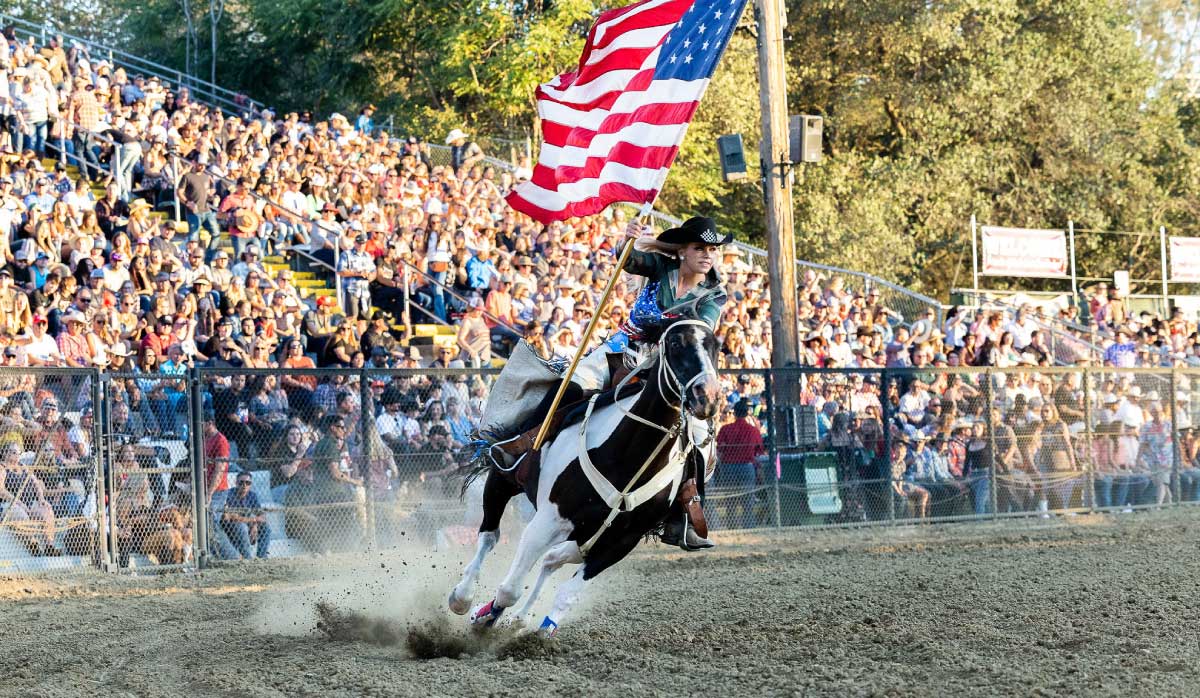 Woman riding a horse while carrying the American flag.