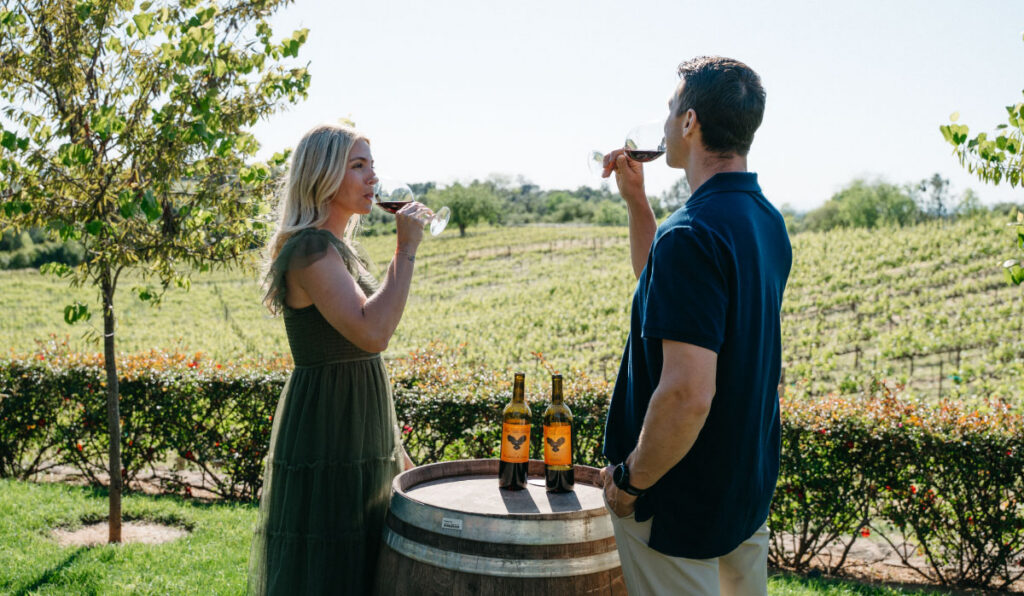 two people drinking wine at a winery